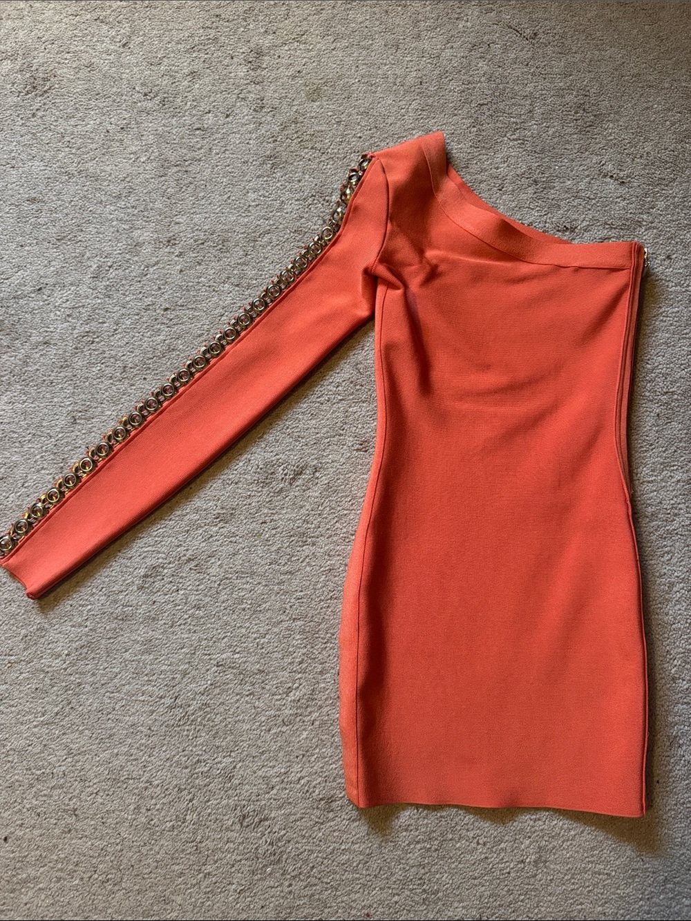 Marciano One-Shoulder Orange Bodycon Dress with Chain-Trim Sleeve